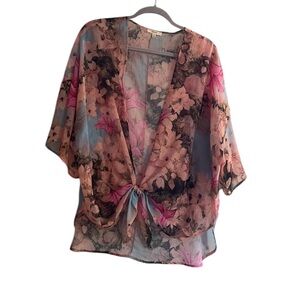 EASEL Boho Floral Sheer Kimono Blouse Top Cover-Up Tie Front Loungewear Coquette